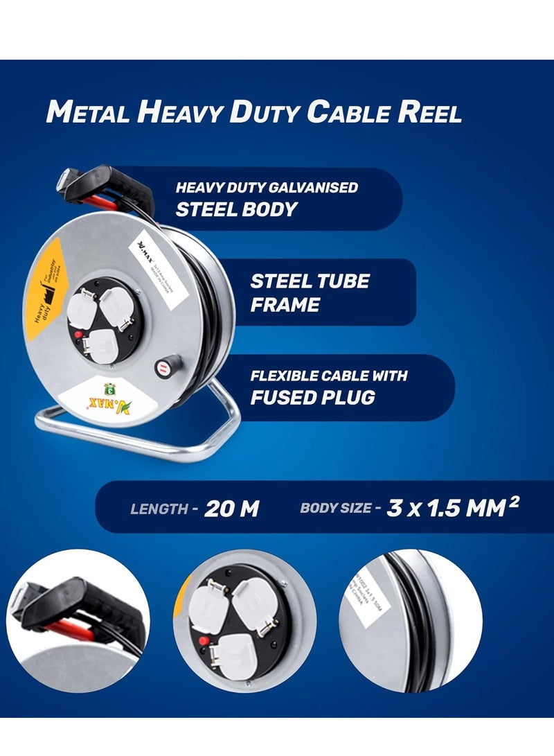 Vmax 3 Socket Open Cable Reel Extension Lead with Winding Handle | Thermal Cut Out and Power Switch 25 Metres High Visibility Cable Reel sliver (2 * 1.5MM sq. 25M) - Image 5