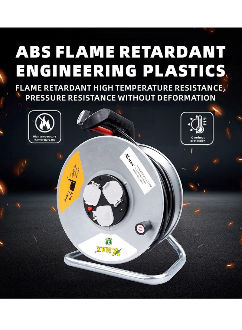 Vmax 3 Socket Open Cable Reel Extension Lead with Winding Handle | Thermal Cut Out and Power Switch 25 Metres High Visibility Cable Reel sliver (2 * 1.5MM sq. 25M) - Image 2