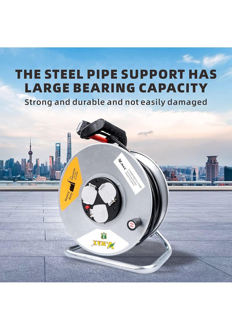 Vmax 3 Socket Open Cable Reel Extension Lead with Winding Handle | Thermal Cut Out and Power Switch 25 Metres High Visibility Cable Reel sliver (2 * 1.5MM sq. 25M) - Image 3