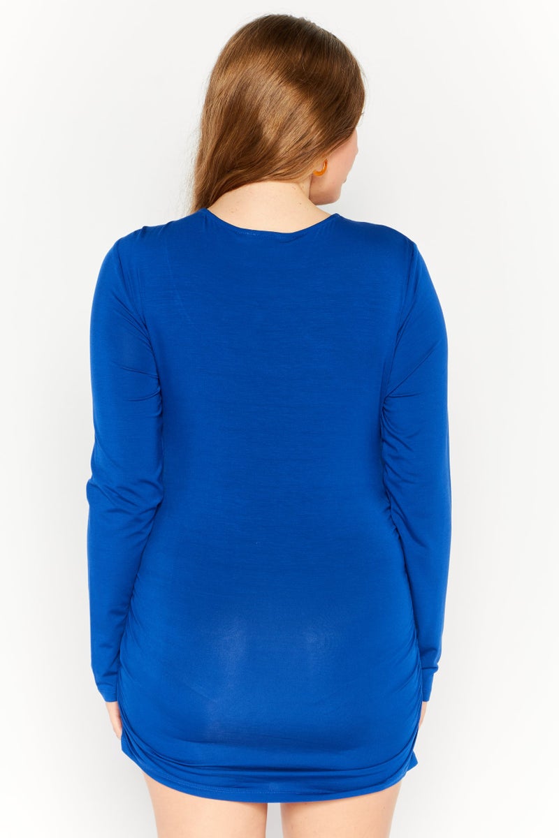 DKNY Women Twist Neck Long Sleeve Solid Mini Dress, Blue - Image 4