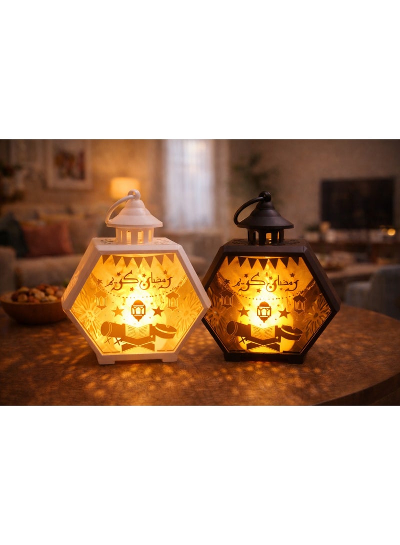 Mini Ramadan Lantern Home Decor Set With Led Light – 2 Pieces (White & Black) – Acrylic – Battery Operated – Model 473-9 - Image 2