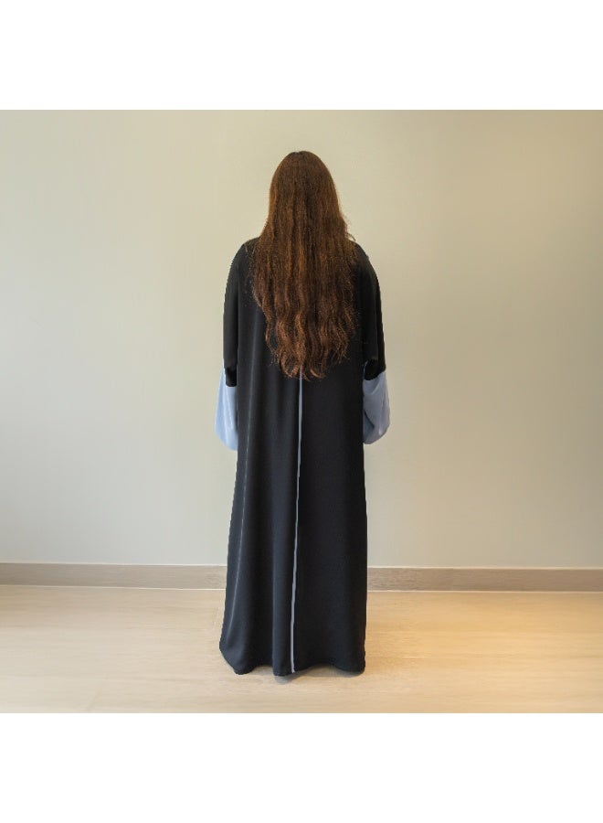 LINELLE عباءة لينيل ذات اللونين للنساء - أسود كلاسيكي مع أكمام زرقاء ناعمة متباينة، تصميم مفتوح من الأمام، أكمام واسعة متدفقة، ملابس يومية ومناسبات محتشمة - Image 3