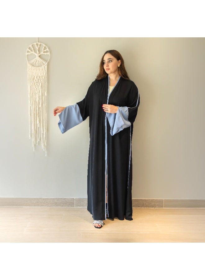 LINELLE عباءة لينيل ذات اللونين للنساء - أسود كلاسيكي مع أكمام زرقاء ناعمة متباينة، تصميم مفتوح من الأمام، أكمام واسعة متدفقة، ملابس يومية ومناسبات محتشمة - Image 1