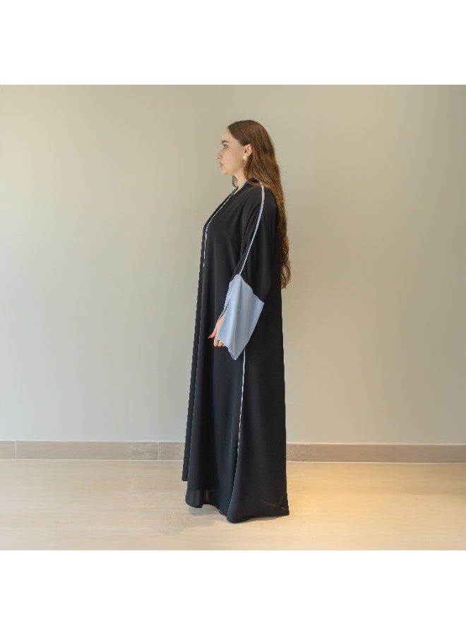 LINELLE عباءة لينيل ذات اللونين للنساء - أسود كلاسيكي مع أكمام زرقاء ناعمة متباينة، تصميم مفتوح من الأمام، أكمام واسعة متدفقة، ملابس يومية ومناسبات محتشمة - Image 2