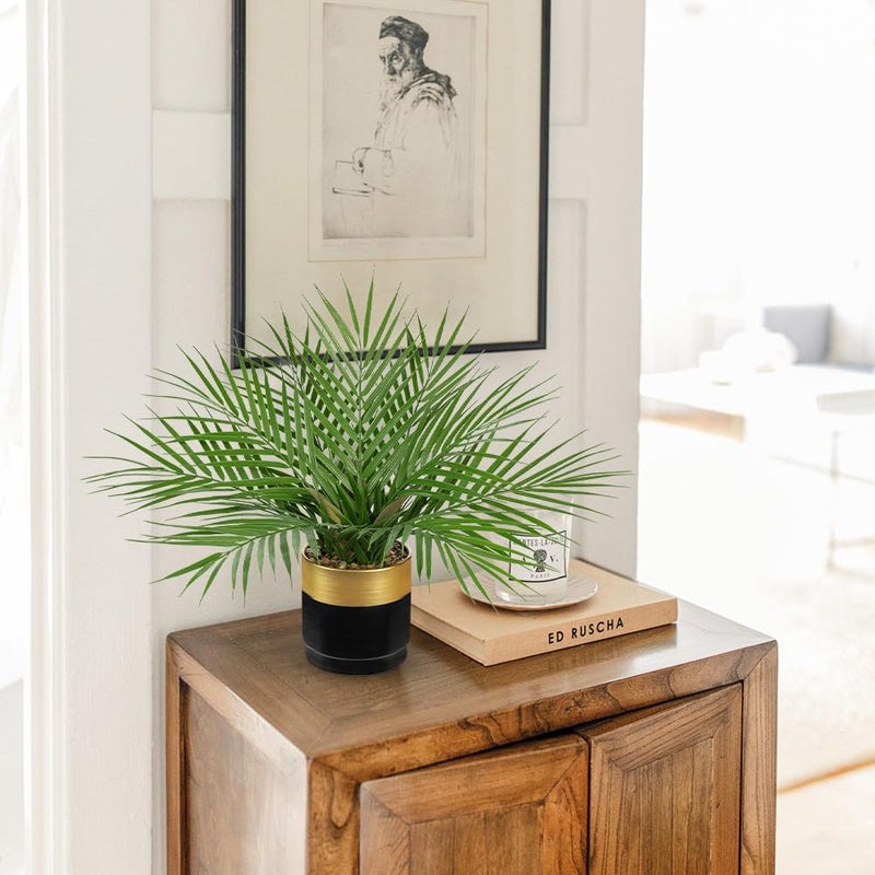 Briful Fake Plant 15.7â€™â€™ Artificial Palm Plant in Gold Black Pot Real Touch Faux Tropical Palm Tree Houseplant for Home Indoor Living Room Tabletop Balcony Decorations - Image 2