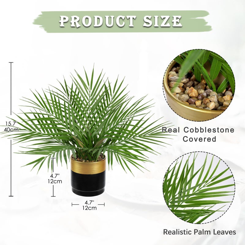 Briful Fake Plant 15.7â€™â€™ Artificial Palm Plant in Gold Black Pot Real Touch Faux Tropical Palm Tree Houseplant for Home Indoor Living Room Tabletop Balcony Decorations - Image 3