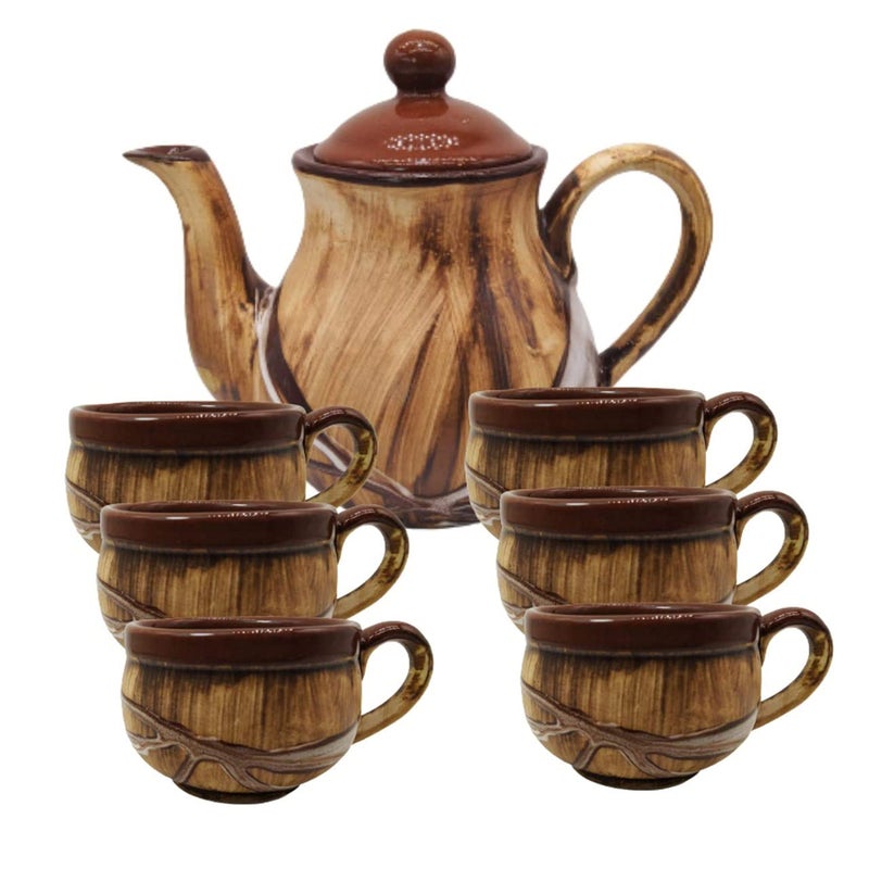 Caffeine Ceramic Handmade Glossy Wood Brown Tea Set (7 Pcs) - Image 1