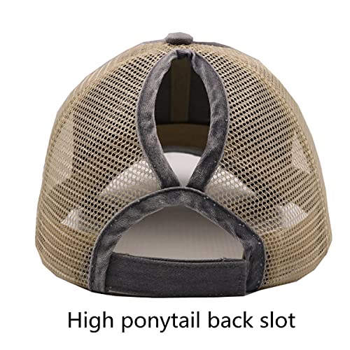 ProMindFun Womens Ponytail High Messy Bun Hats Distressed Baseball Caps Unconstructed Washed Dad Hat Girls Trucker Ponycaps (02-Light Gray) - Image 3