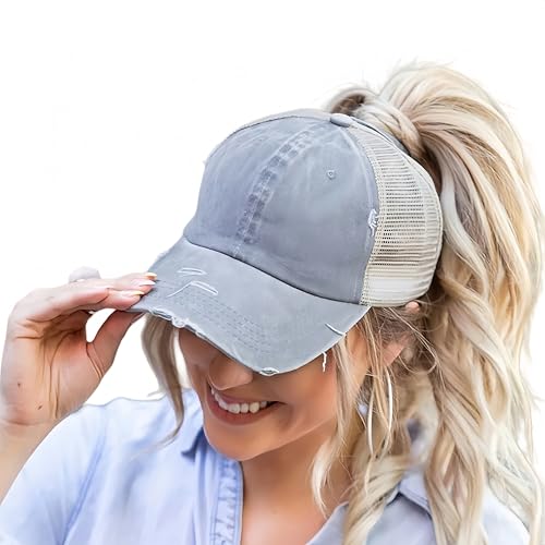 ProMindFun Womens Ponytail High Messy Bun Hats Distressed Baseball Caps Unconstructed Washed Dad Hat Girls Trucker Ponycaps (02-Light Gray) - Image 1