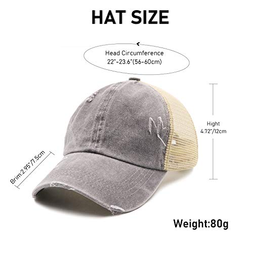 ProMindFun Womens Ponytail High Messy Bun Hats Distressed Baseball Caps Unconstructed Washed Dad Hat Girls Trucker Ponycaps (02-Light Gray) - Image 5