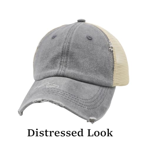 ProMindFun Womens Ponytail High Messy Bun Hats Distressed Baseball Caps Unconstructed Washed Dad Hat Girls Trucker Ponycaps (02-Light Gray) - Image 2