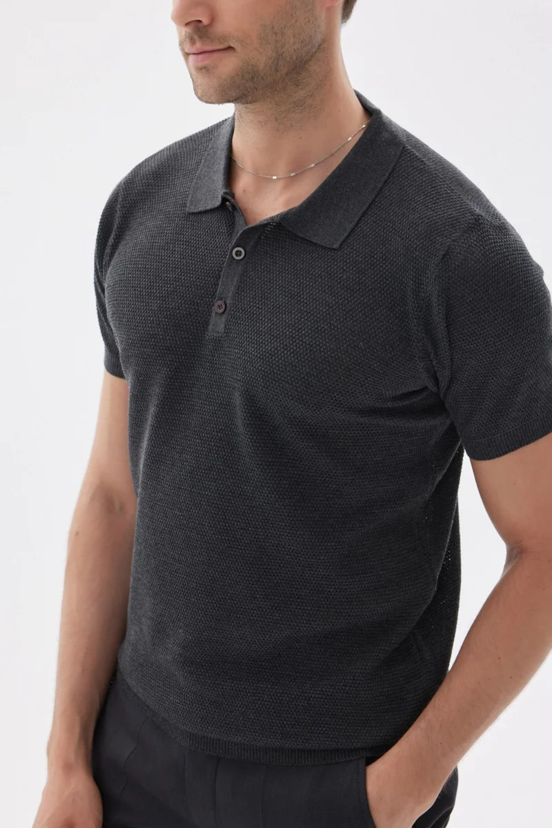 Odelon Men's Polo Neck Jacquard Knitwear T-Shirt Anthracite