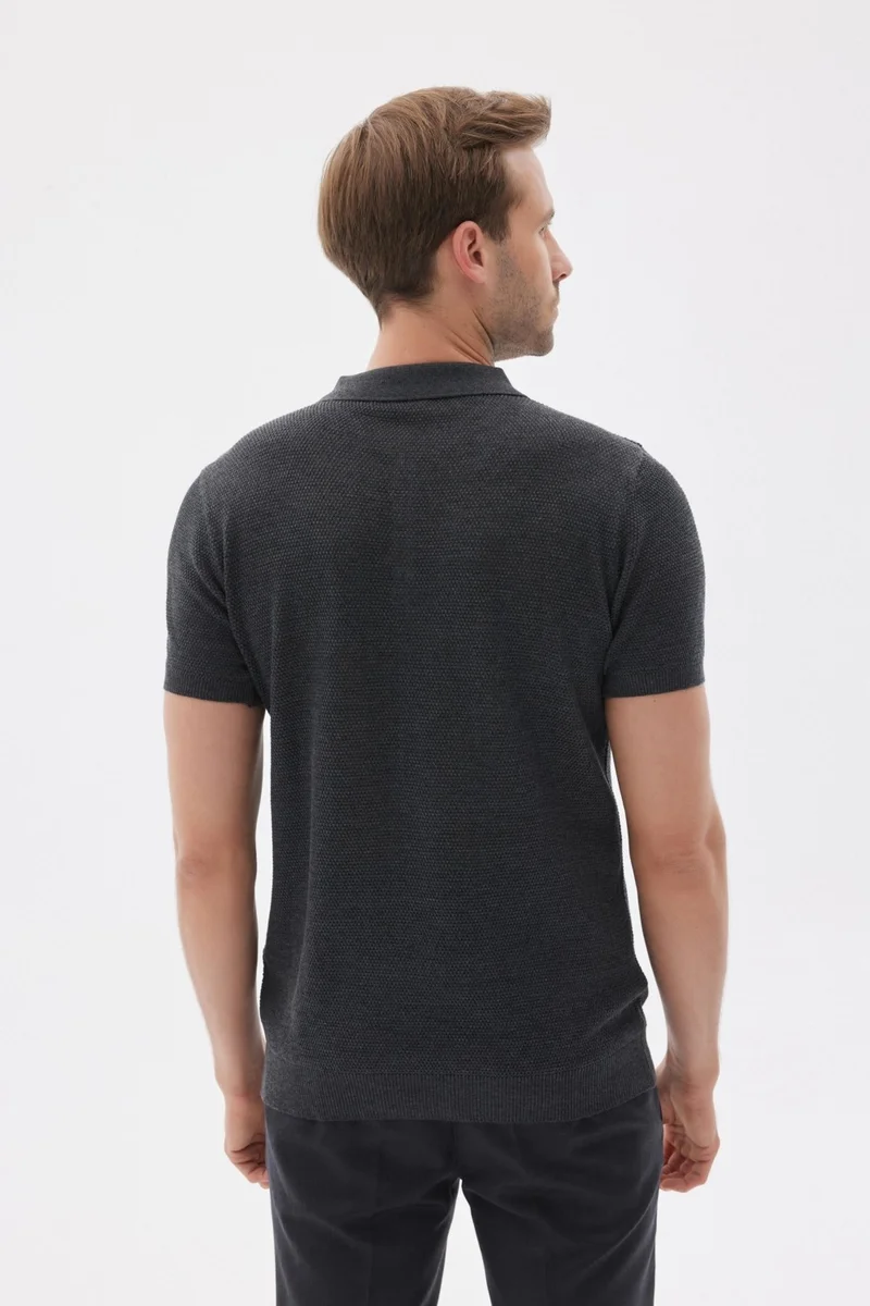 Odelon Men's Polo Neck Jacquard Knitwear T-Shirt Anthracite