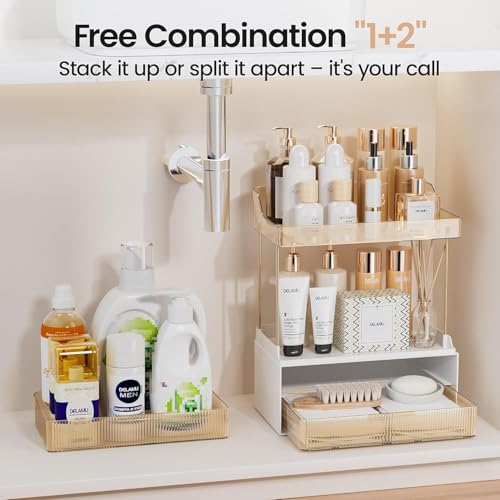 Zollyss 2-Tier Bathroom Organiser with 2 Drawers, Makeup Storage for Vanity Countertop, Large Capacity Cosmetic Display Stand, White and Amber - Image 3
