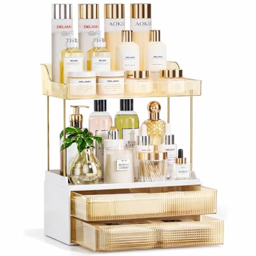 Zollyss 2-Tier Bathroom Organiser with 2 Drawers, Makeup Storage for Vanity Countertop, Large Capacity Cosmetic Display Stand, White and Amber - Image 1