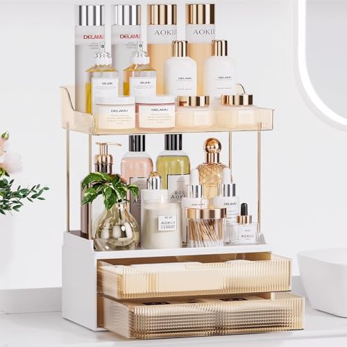 Zollyss 2-Tier Bathroom Organiser with 2 Drawers, Makeup Storage for Vanity Countertop, Large Capacity Cosmetic Display Stand, White and Amber - Image 4