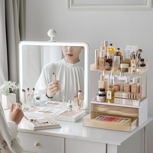 Zollyss 2-Tier Bathroom Organiser with 2 Drawers, Makeup Storage for Vanity Countertop, Large Capacity Cosmetic Display Stand, White and Amber - Image 5