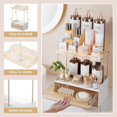 Zollyss 2-Tier Bathroom Organiser with 2 Drawers, Makeup Storage for Vanity Countertop, Large Capacity Cosmetic Display Stand, White and Amber - Image 2