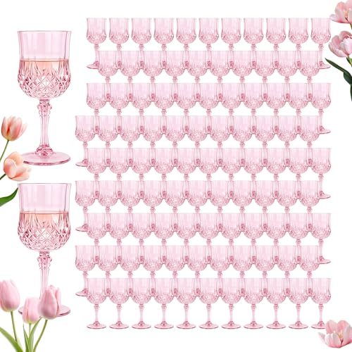 LEYIQU Plastic Wine Glasses, Plastic Goblets Vintage Style Cordial Unbreakable Drinking Glasses, Reusable Drinkware for Wedding Reception, Grand Event Party Supplies (100, Pink) - Image 1