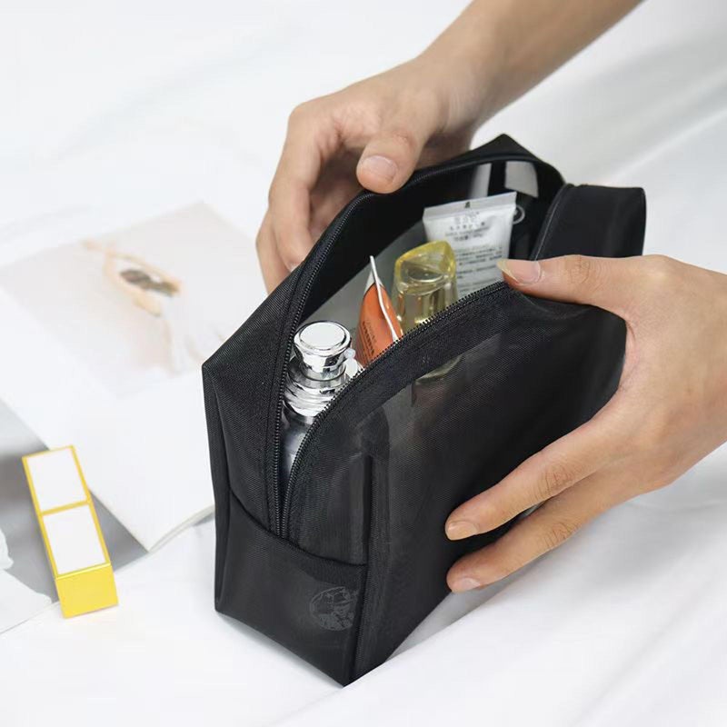 حقيبة مستلزمات سفر متوسطة من النايلون الناعم منظف مستحضرات التجميل بسحاب أسود حقيبة شفافة محمولة - Image 5