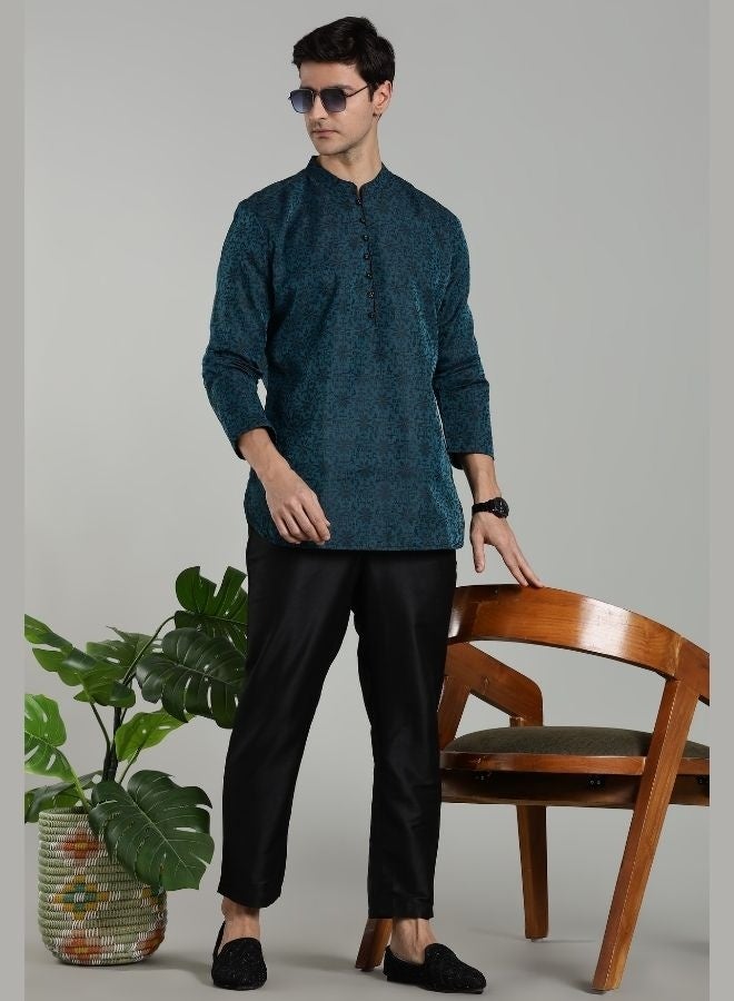Abhishti Teal Jacquard Short Kurta Pant set - Image 4