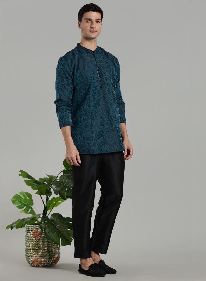 Abhishti Teal Jacquard Short Kurta Pant set - Image 1