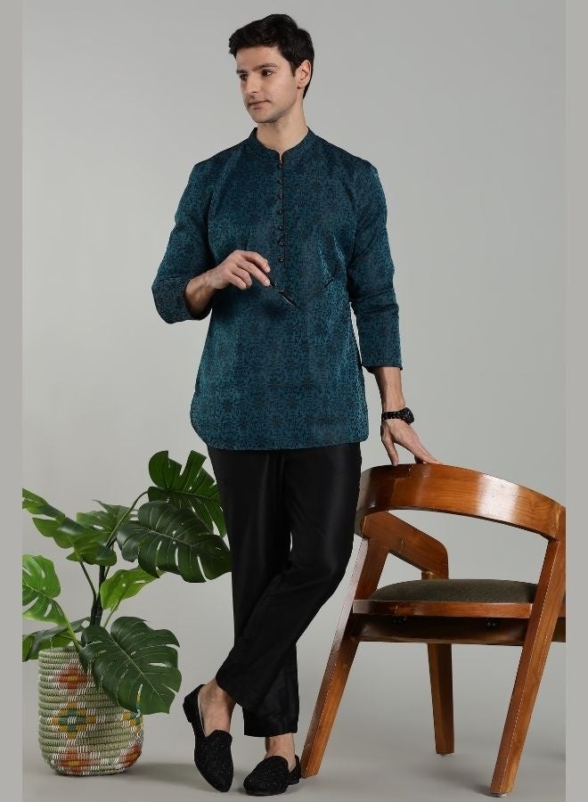 Abhishti Teal Jacquard Short Kurta Pant set - Image 3