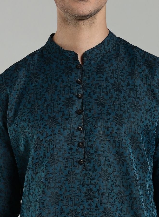 Abhishti Teal Jacquard Short Kurta Pant set - Image 2