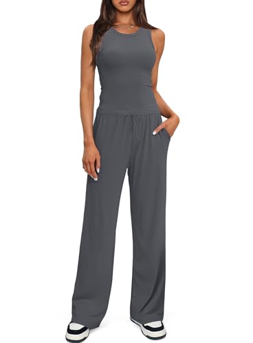 Darong Two Piece Outfits for Women Crew Neck Tank Top High Waist Wide Leg Pants Matching Sets Streetwear 9054A Grey M - Image 1