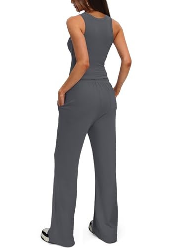 Darong Two Piece Outfits for Women Crew Neck Tank Top High Waist Wide Leg Pants Matching Sets Streetwear 9054A Grey M - Image 2