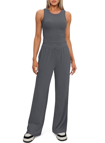 Darong Two Piece Outfits for Women Crew Neck Tank Top High Waist Wide Leg Pants Matching Sets Streetwear 9054A Grey M - Image 4
