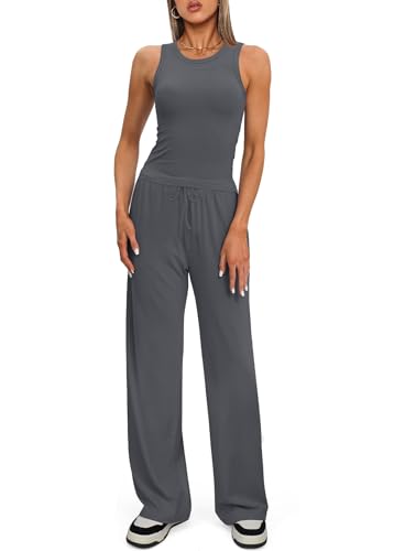 Darong Two Piece Outfits for Women Crew Neck Tank Top High Waist Wide Leg Pants Matching Sets Streetwear 9054A Grey M - Image 3