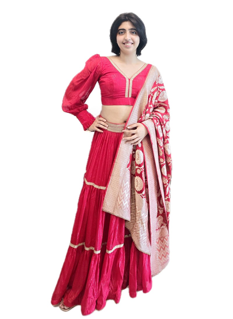 Grab Mantra Red Ready To wear Lehenga with Golden Lace Border And  Pure Banarsi dupatta Plus  Full Stitched  large Size Padded Blouse  - Image 4