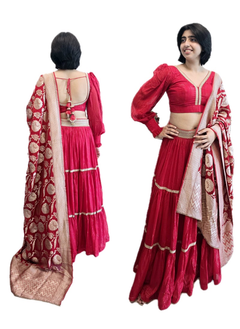 Grab Mantra Red Ready To wear Lehenga with Golden Lace Border And  Pure Banarsi dupatta Plus  Full Stitched  large Size Padded Blouse  - Image 1