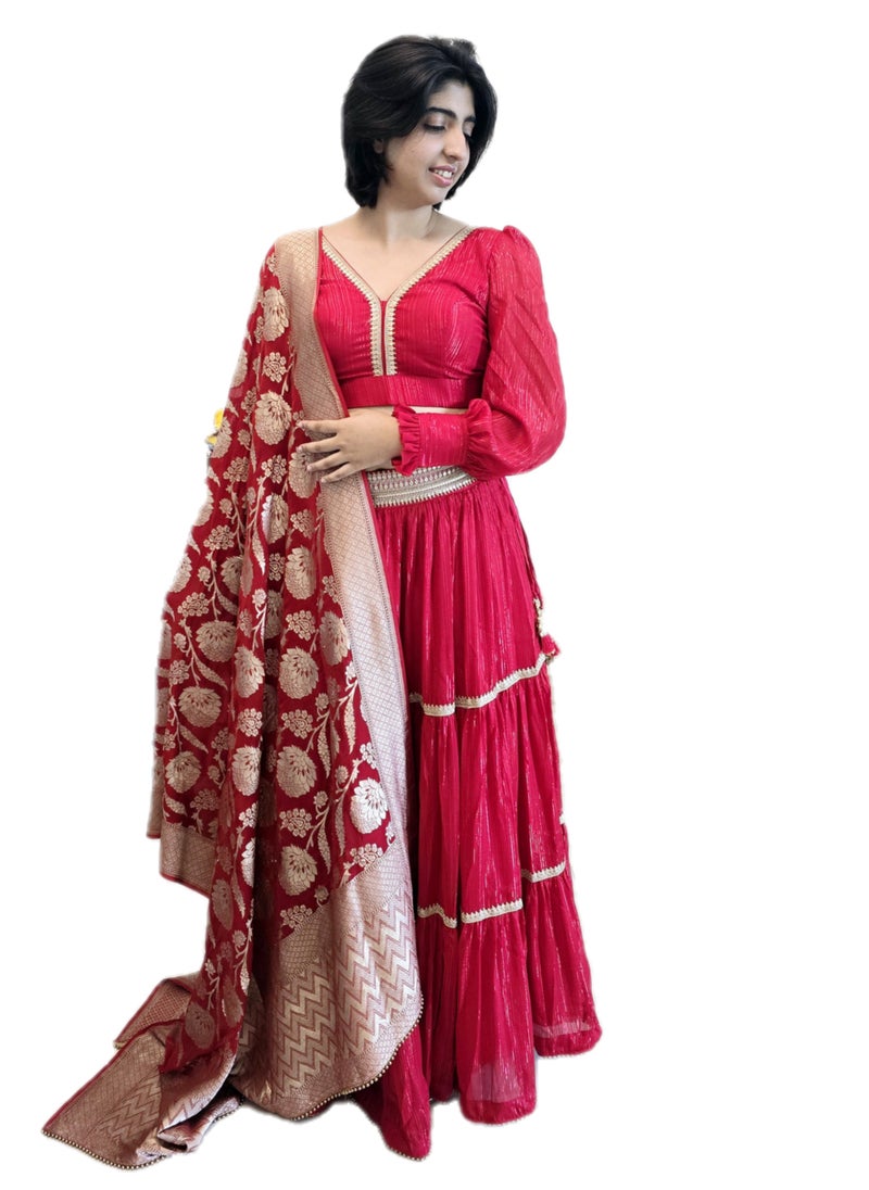 Grab Mantra Red Ready To wear Lehenga with Golden Lace Border And  Pure Banarsi dupatta Plus  Full Stitched  large Size Padded Blouse  - Image 2