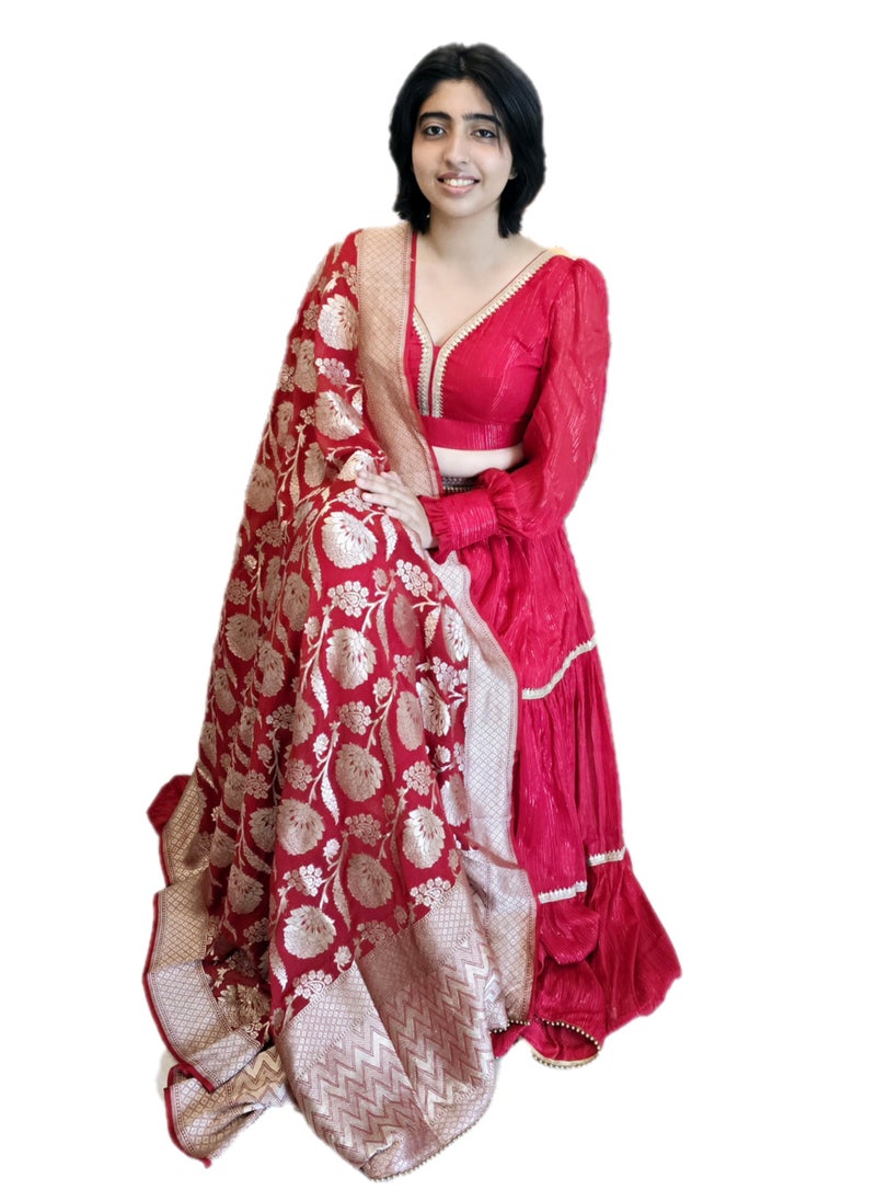 Grab Mantra Red Ready To wear Lehenga with Golden Lace Border And  Pure Banarsi dupatta Plus  Full Stitched  large Size Padded Blouse  - Image 3