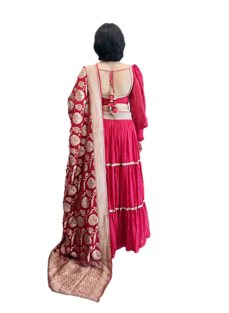 Grab Mantra Red Ready To wear Lehenga with Golden Lace Border And  Pure Banarsi dupatta Plus  Full Stitched  large Size Padded Blouse  - Image 5