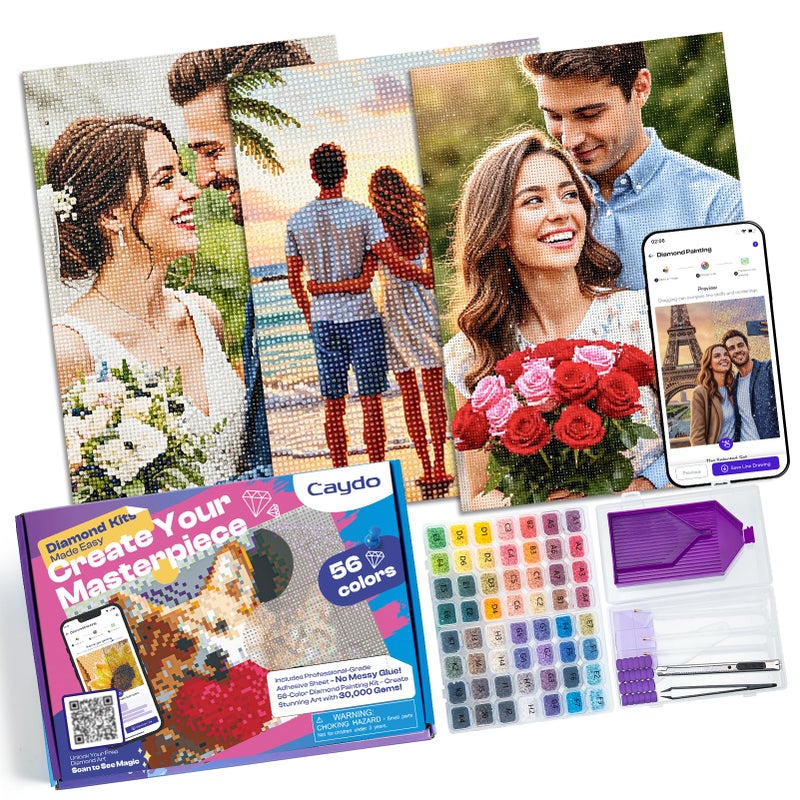 Caydo 3 Pack Quick Custom Diamond Painting Kit with Design App - Turn Photos into Diamond Arts, with 30,000PCS Diamonds in 56 Colors, Full Tools for Beginners Craft | No Waiting Weeks, Ready to Craft - Image 1
