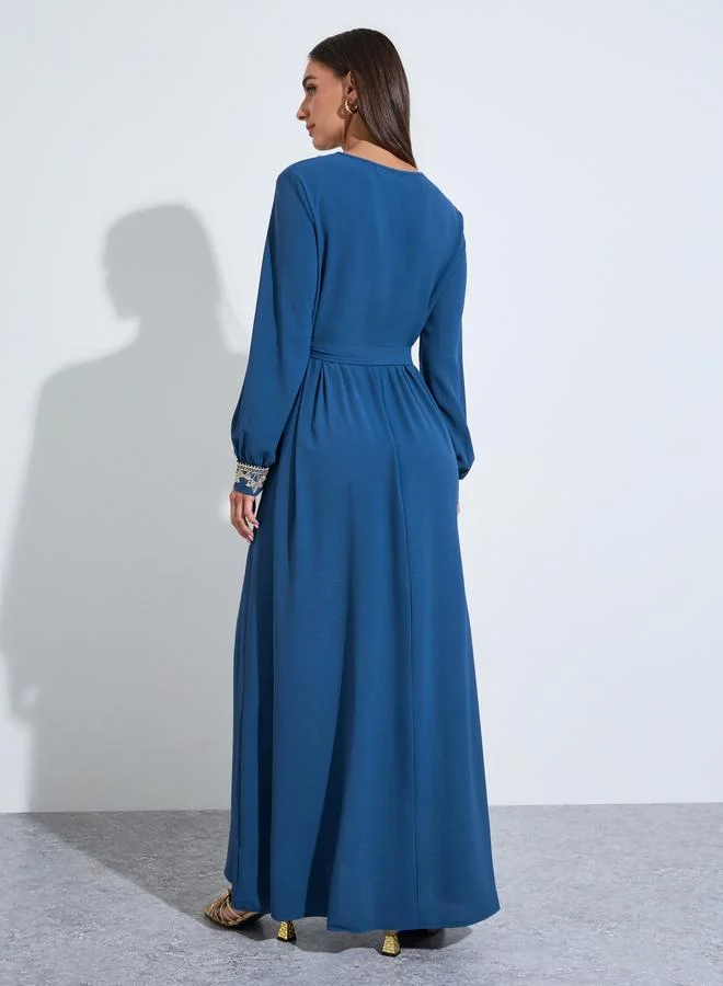 Amirah  Women Blue Embroidered V Neck Jalabiya with Fabric Belt for Women | Best Price UAE