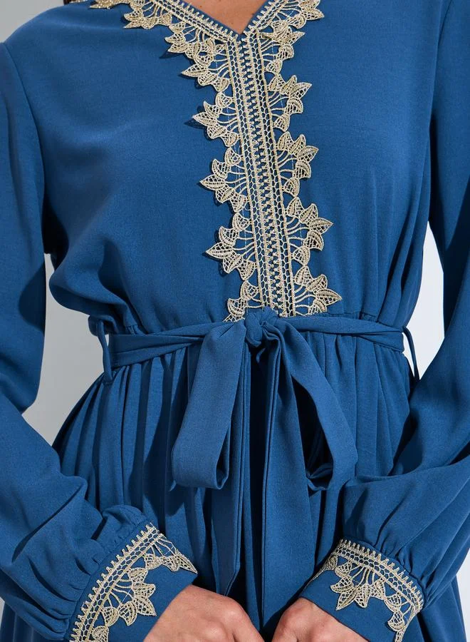 Amirah  Women Blue Embroidered V Neck Jalabiya with Fabric Belt for Women | Best Price UAE
