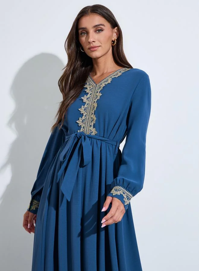 Amirah  Women Blue Embroidered V Neck Jalabiya with Fabric Belt for Women | Best Price UAE
