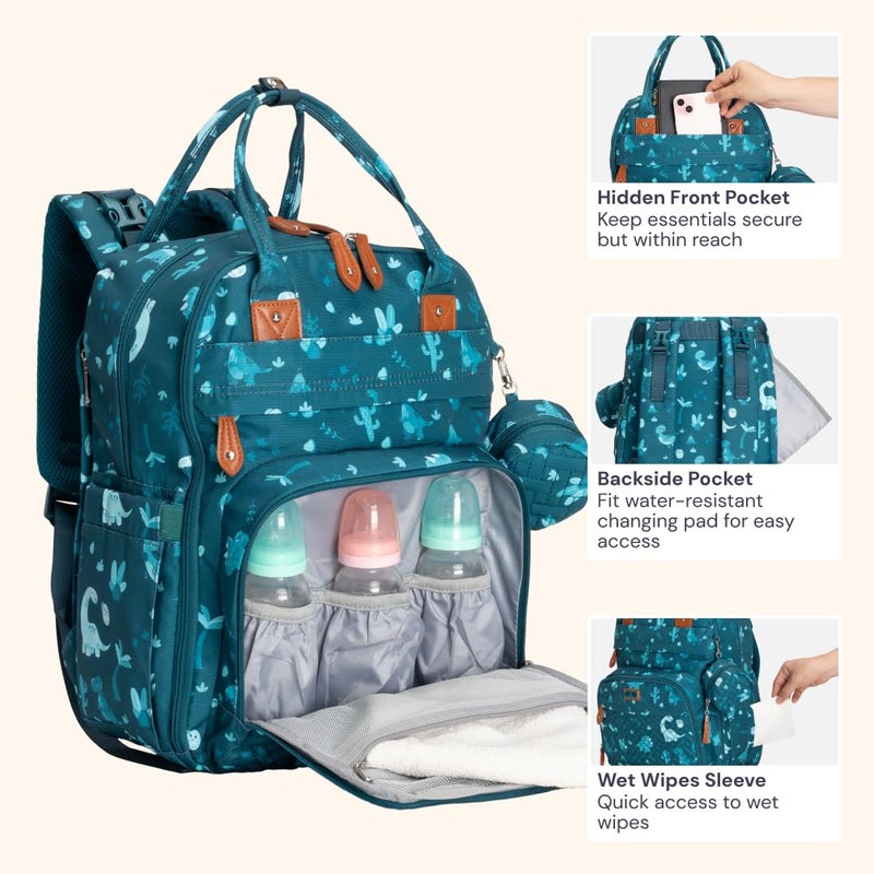 BabbleRoo Diaper Bag Backpack - Baby Essentials Travel Tote - Multi Function Water Resistant Diaper Bag, Travel Essentials Baby Bag with Changing Pad, Stroller Straps & Pacifier Case - Unisex, Dino - Image 5
