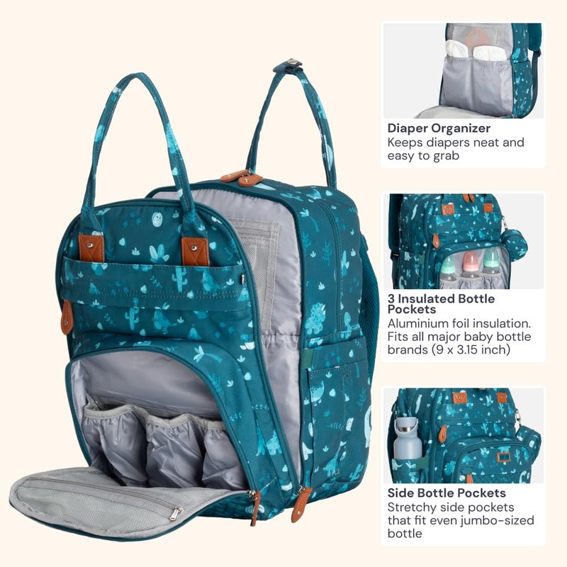 BabbleRoo Diaper Bag Backpack - Baby Essentials Travel Tote - Multi Function Water Resistant Diaper Bag, Travel Essentials Baby Bag with Changing Pad, Stroller Straps & Pacifier Case - Unisex, Dino - Image 4