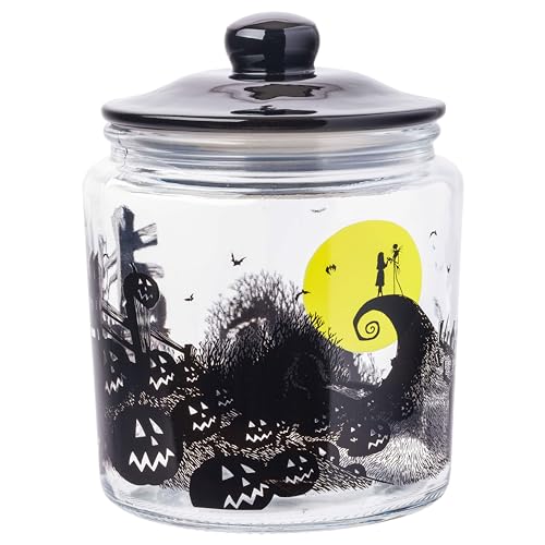 Silver Buffalo Disney Tim Burton Nightmare Before Christmas Moon Hill Graveyard Scene Jack Skellington and Sally Glass Cookie Snack Candy Jar with Lid Small