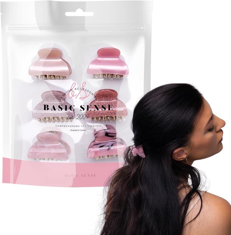 BasicSense 6PCS Hair Claw Set Sturdy Glitter Marble Clamp Clips Set for Women Girls Small hair grips Pink Assortment
