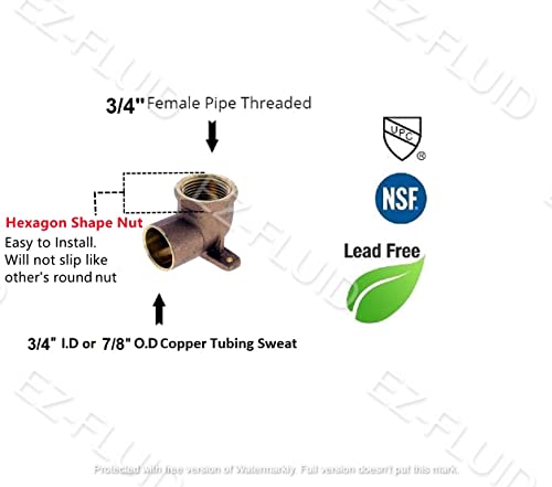 EZ-FLUID 3/4-inch Nominal Copper Sweat X 3/4" Fip Threaded Drop Ear Elbow Fitting 3/4"CxFIP, LF Brass Shower Drop Ear 90 Degree Elbow with Sweat Socket and Female Threaded Plumbing Fittings (1-Pack) - Image 2