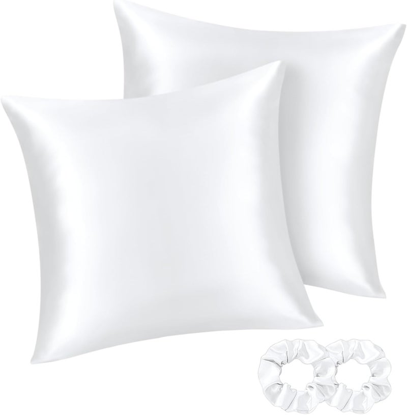 BEDELITE Satin Cushion Cover, Set of 2, 80 x 80 cm, Pure White | Silk Pillowcase Alternative, Soft for Summer, 2 Hair Bobbles Included, for Hair and Skin - Image 1