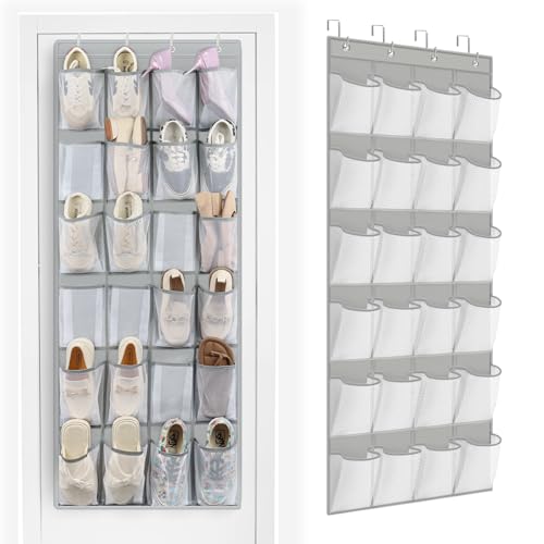 FENTEC 24 Pockets Over the Door Shoe Organizer Hanging Shoe Organizer for Closet Space Saving Mesh Large Pocket Shoe Storage and Organizer Shoe Holder for Apartments Garages Grey 1 Pack