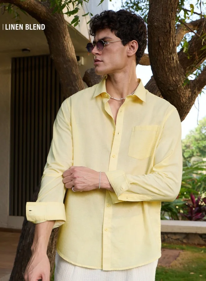 The Souled Store The Souled Store Men Golden Haze Creamy Solid Yellow Regular Fit Cotton Linen Shirts