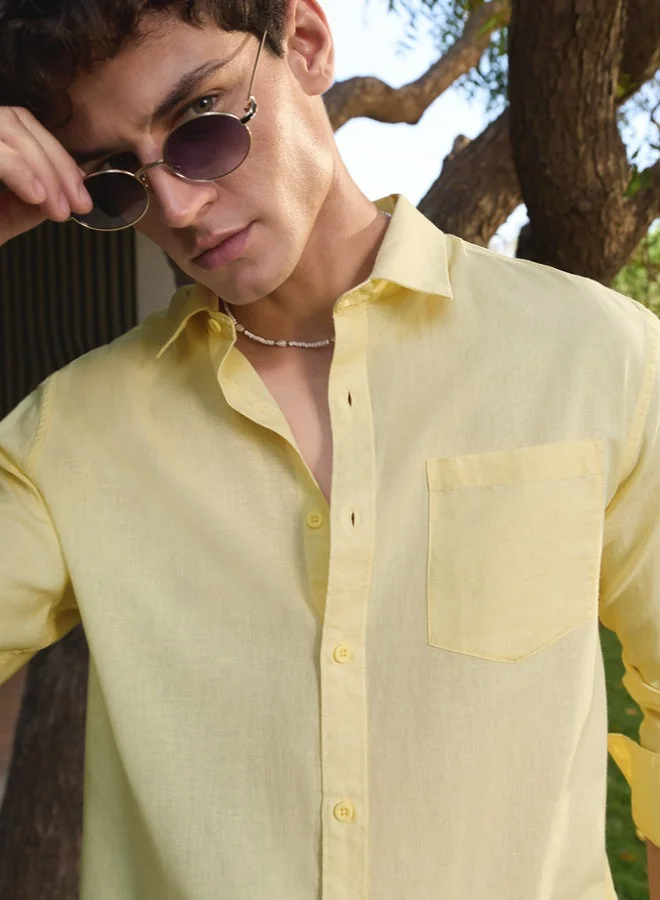 The Souled Store The Souled Store Men Golden Haze Creamy Solid Yellow Regular Fit Cotton Linen Shirts